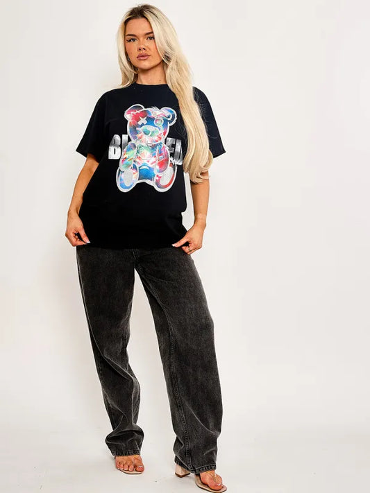 Black Blessed Teddy Graphic Printed T-Shirt