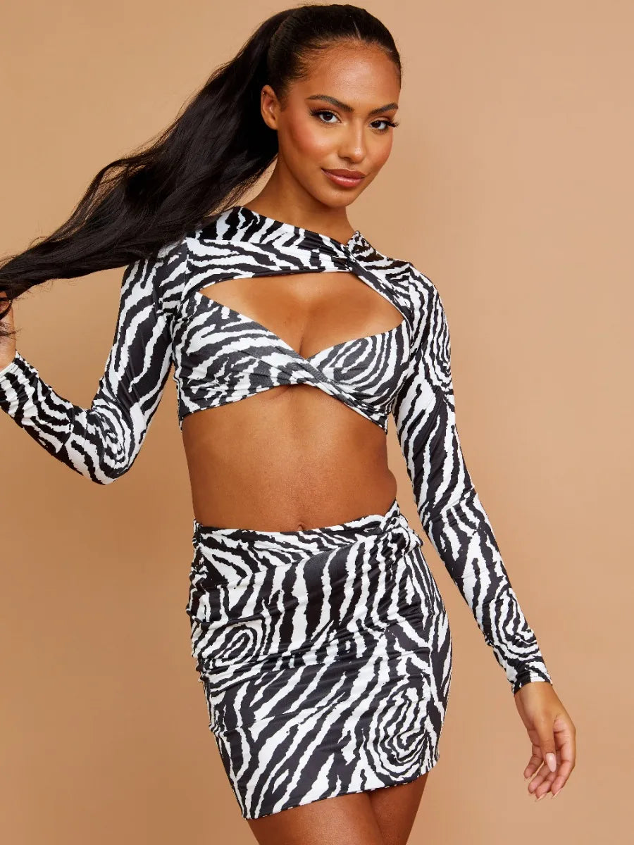 Black & White Printed Cut Out Twist Front Crop Top & Skirt Co-ord