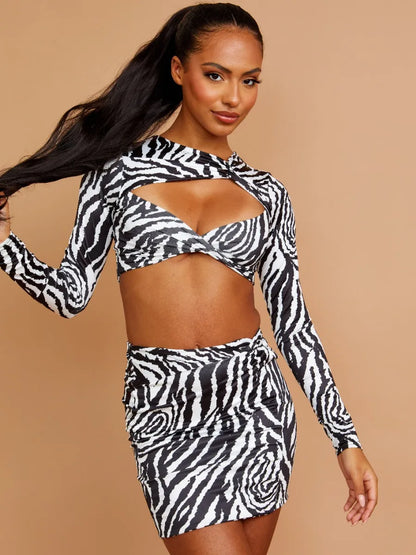Black & White Printed Cut Out Twist Front Crop Top & Skirt Co-ord