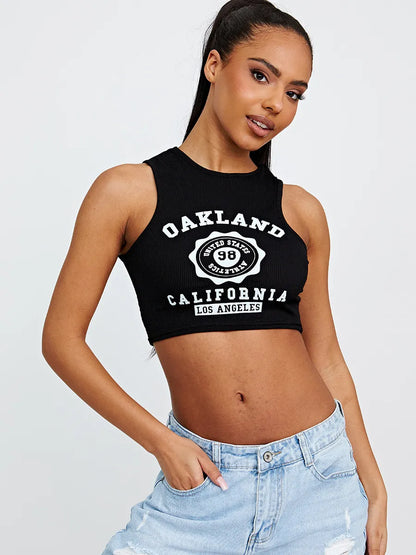 White Oakland Graphic Ribbed Vest Crop Top