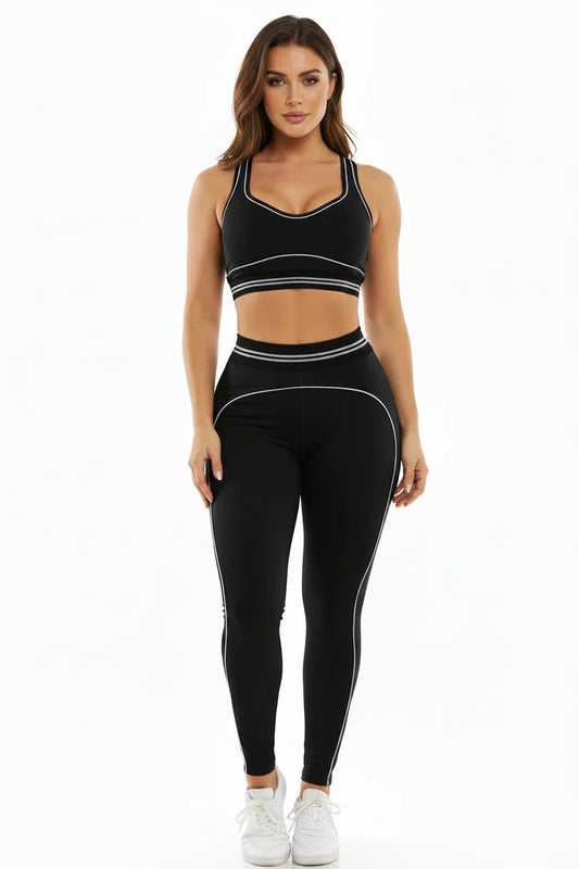 Black Piped Bralette & Leggings Gym Set