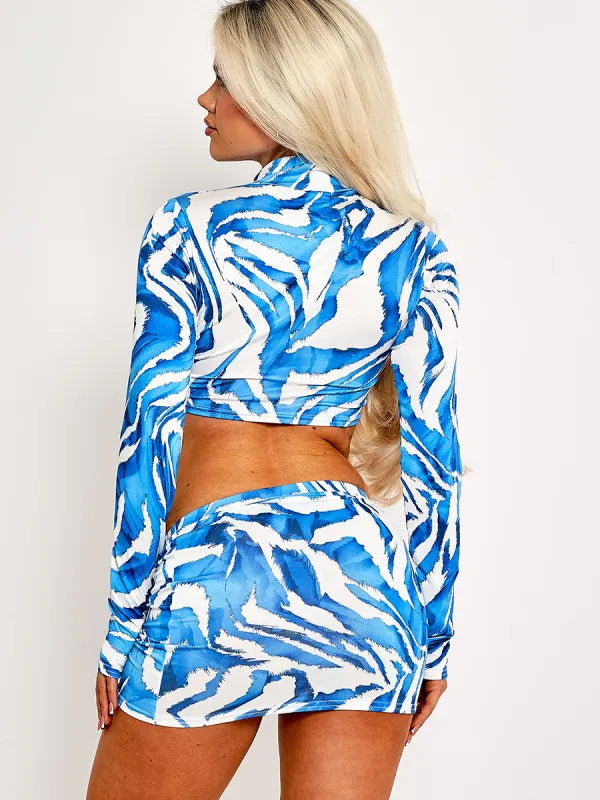 Blue Zebra Print Slinky Crop Top & Skirt Co-ord