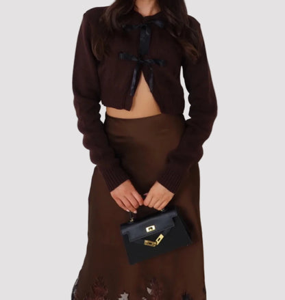 Navy Cropped Satin Bow Knitted Cardigan