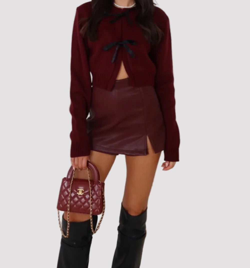 Navy Cropped Satin Bow Knitted Cardigan