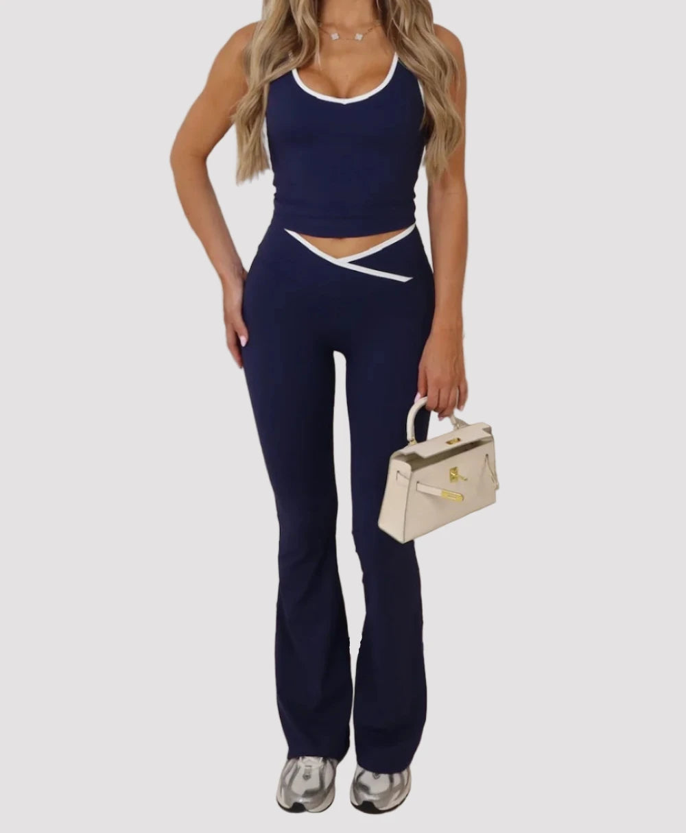 Navy Cami Vest and Flare Pants With Piping