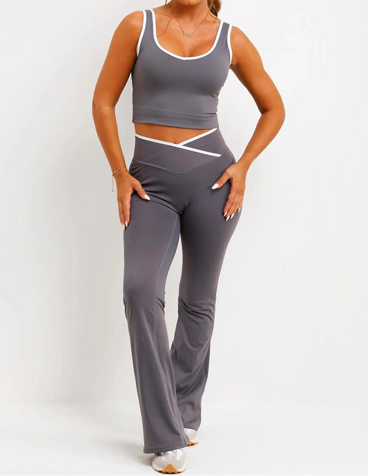 Grey Cami Vest and Flare Pants With Piping
