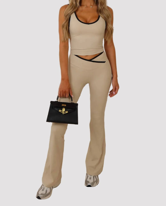 Beige Cami Vest and Flare Pants With Piping