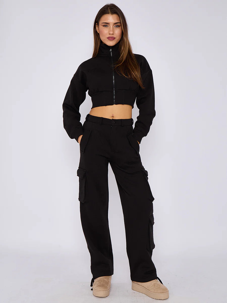 Black Cargo Cropped Zip Up Sweatshirt & Trousers Co-Ord