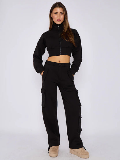 Black Cargo Cropped Zip Up Sweatshirt & Trousers Co-Ord
