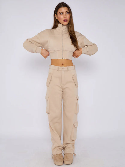 Black Cargo Cropped Zip Up Sweatshirt & Trousers Co-Ord