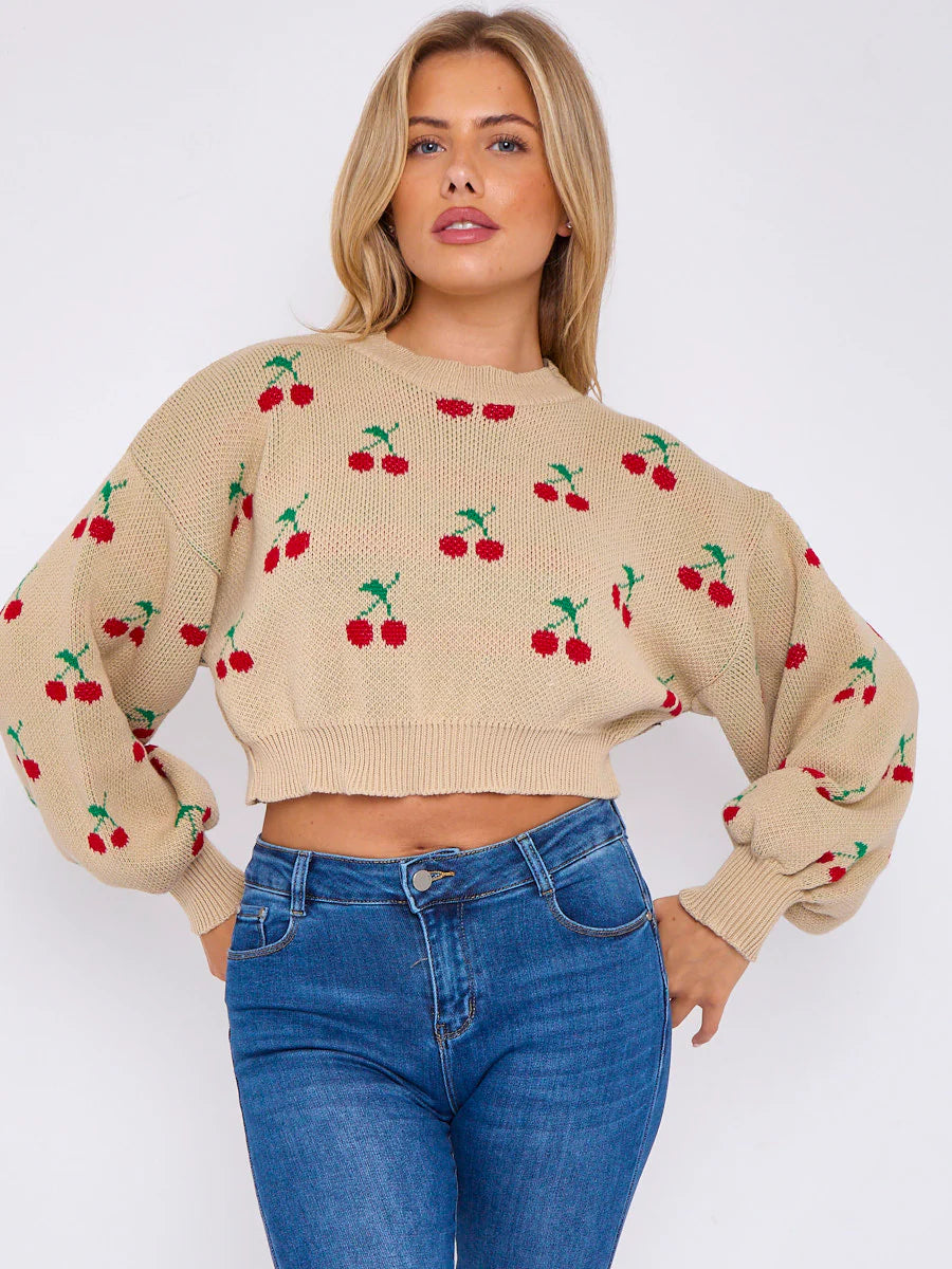 Beige Cherry Detail Oversized Cropped Knitted Jumper