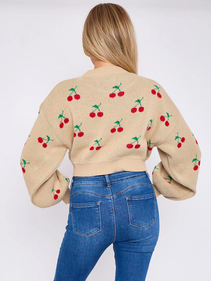 Beige Cherry Detail Oversized Cropped Knitted Jumper