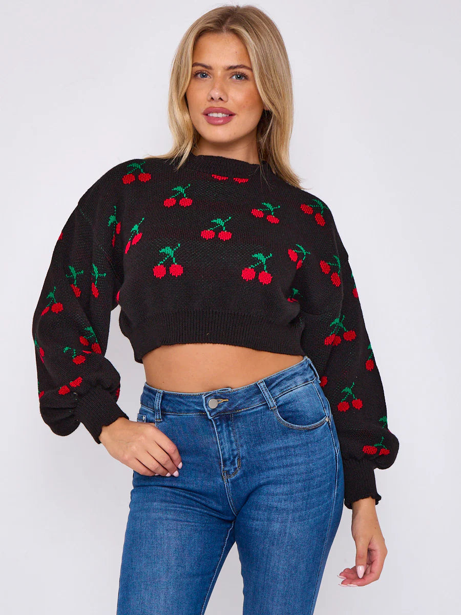 Beige Cherry Detail Oversized Cropped Knitted Jumper