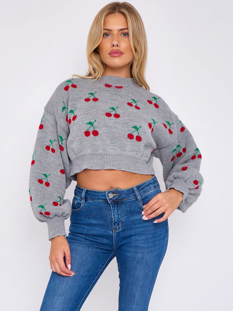 Beige Cherry Detail Oversized Cropped Knitted Jumper