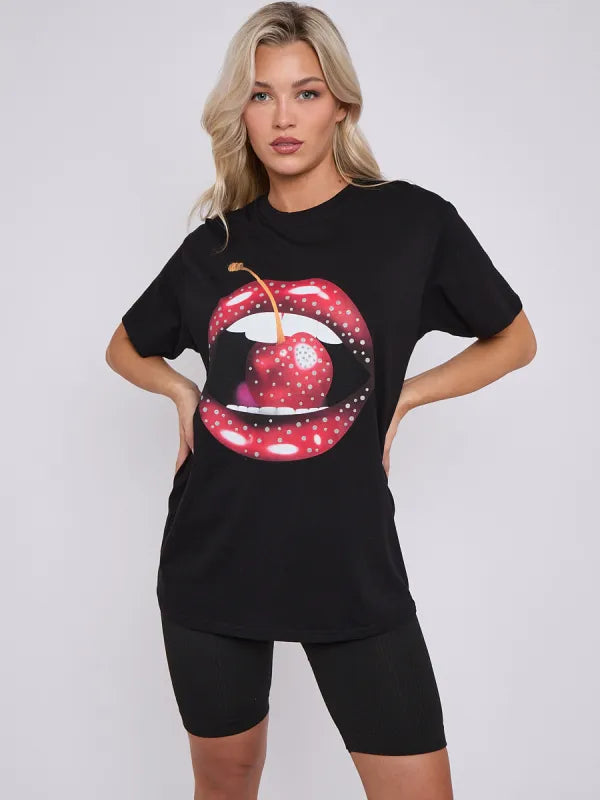 White Cherry Lip Graphic Printed T-Shirt