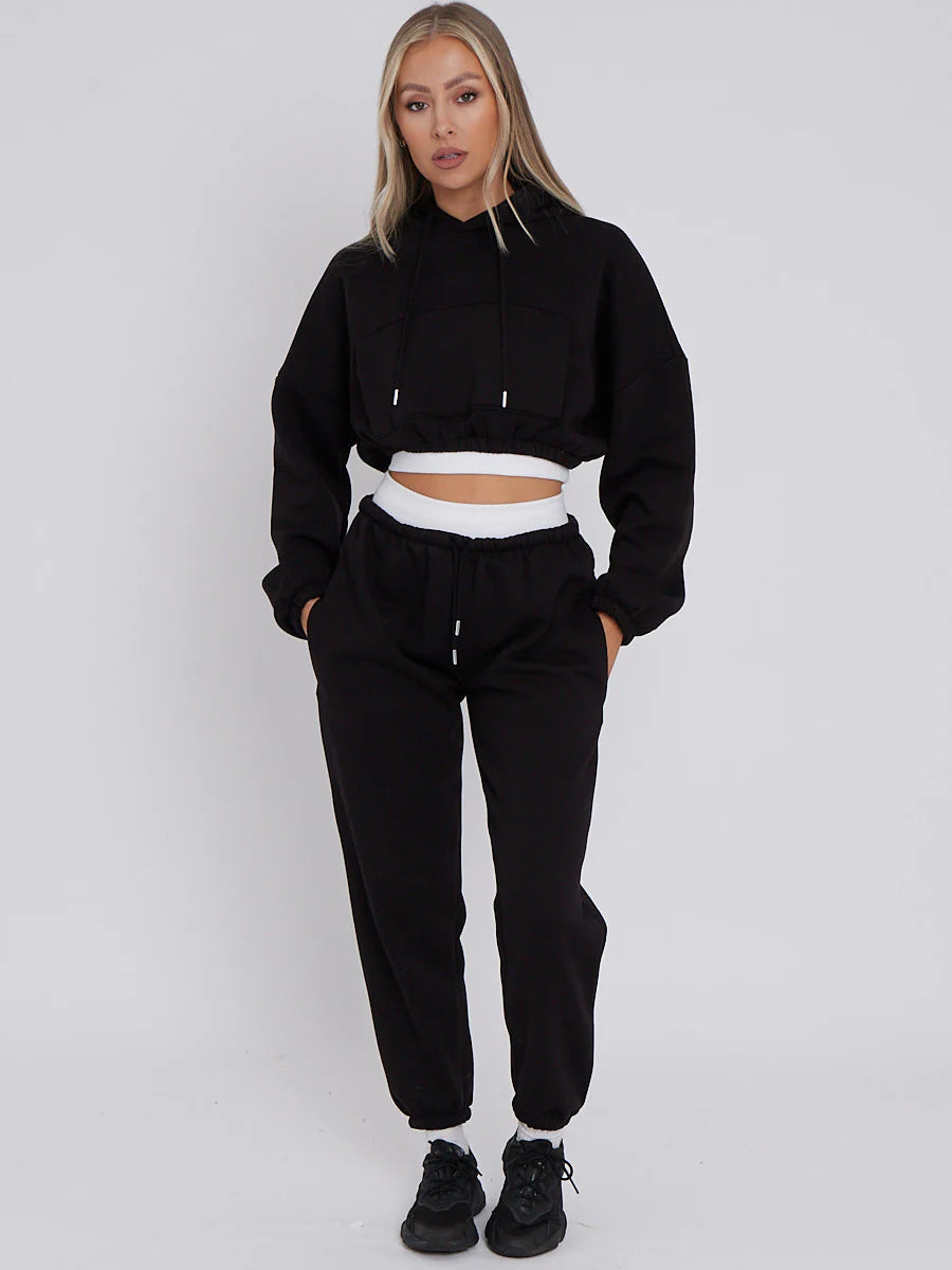 Stone Fleece Cropped Hoodie and Joggers Co-Ord With White Rib Trim Detail