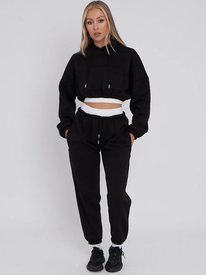 Stone Fleece Cropped Hoodie and Joggers Co-Ord With White Rib Trim Detail