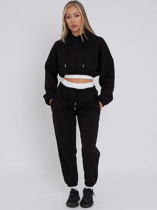 Black Fleece Cropped Hoodie and Joggers Co-Ord With White Rib Trim Detail