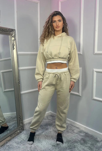 Stone Fleece Cropped Hoodie and Joggers Co-Ord With White Rib Trim Detail