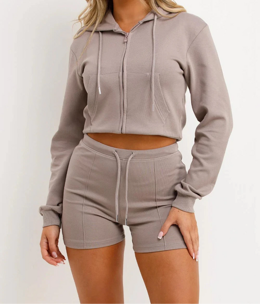 Dove Cropped Sweatshirt Hoodie And Short Tracksuit Set