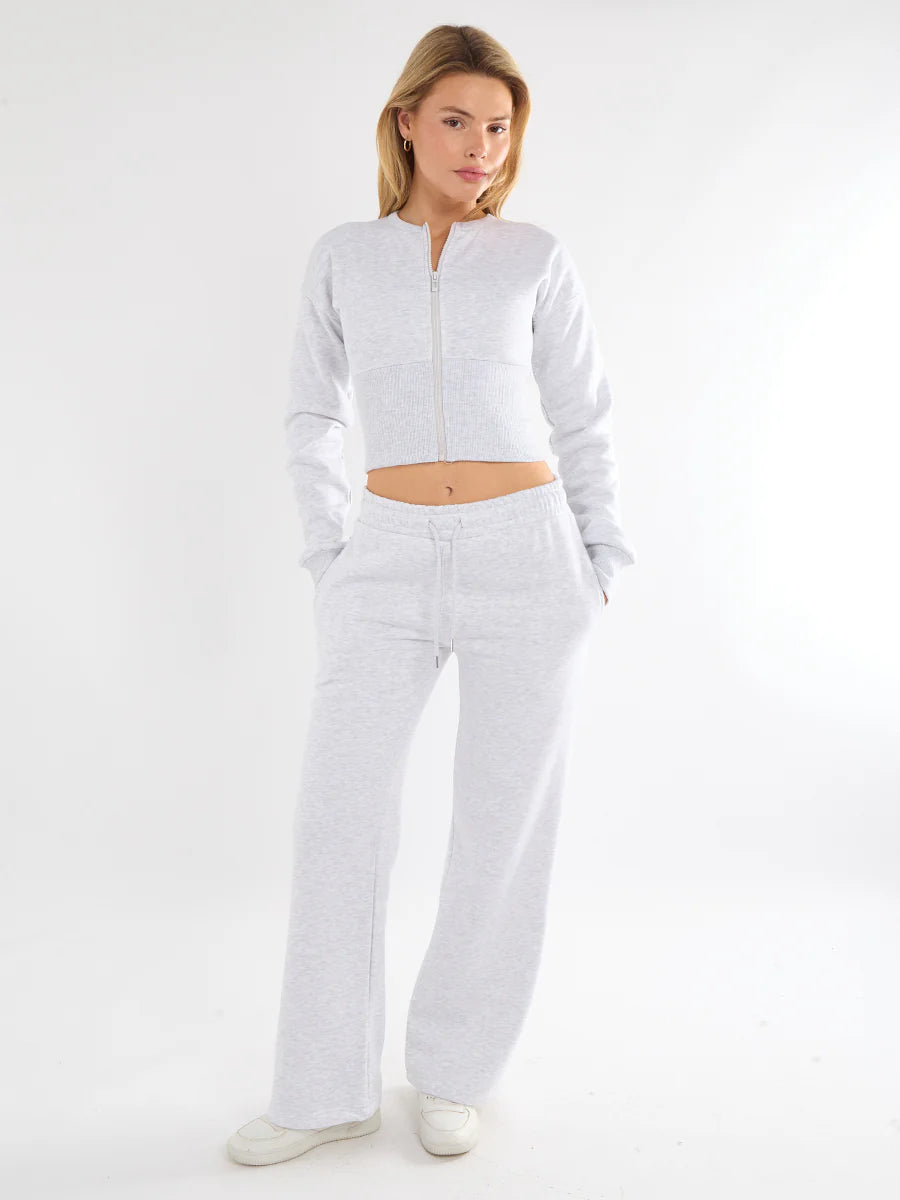 Black Cropped Zip Up Sweatshirt & Wide Leg Trousers Co-Ord