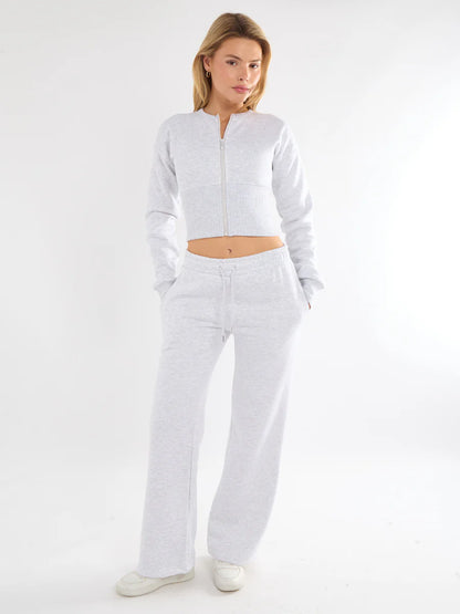Black Cropped Zip Up Sweatshirt & Wide Leg Trousers Co-Ord