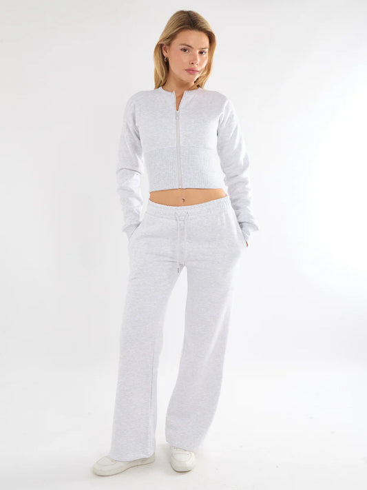 Bleach Grey Cropped Zip Up Sweatshirt & Wide Leg Trousers Co-Ord