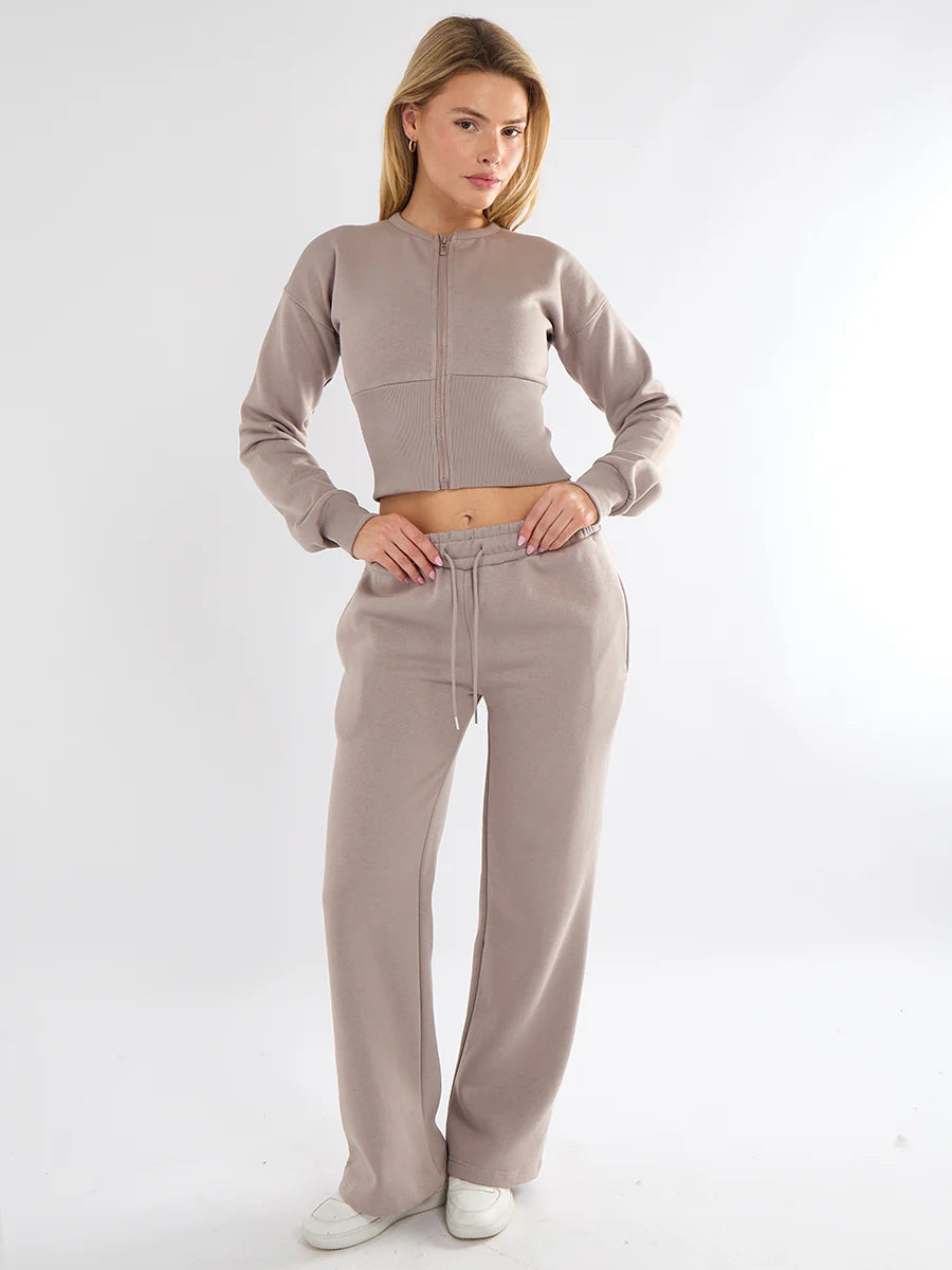 Black Cropped Zip Up Sweatshirt & Wide Leg Trousers Co-Ord