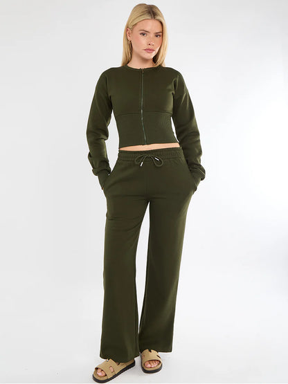 Black Cropped Zip Up Sweatshirt & Wide Leg Trousers Co-Ord