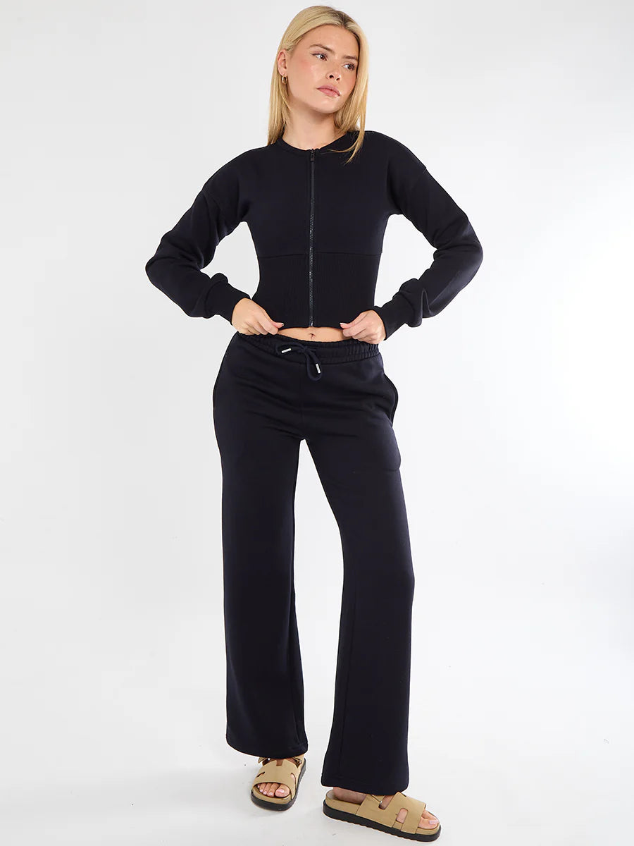 Black Cropped Zip Up Sweatshirt & Wide Leg Trousers Co-Ord