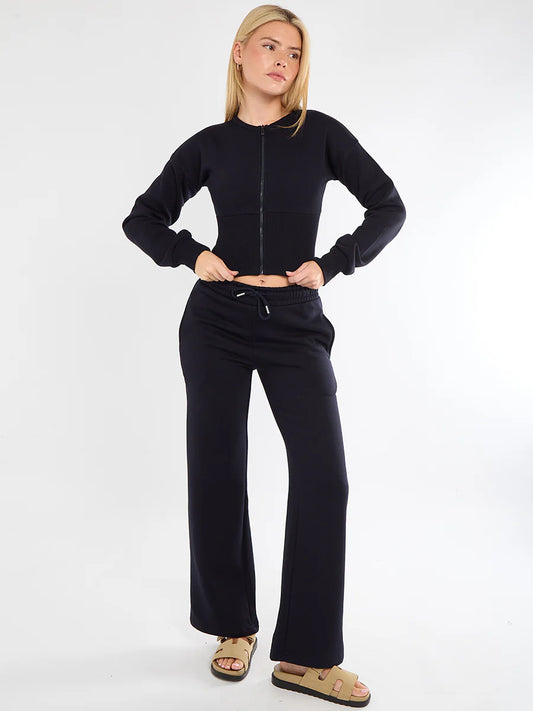 Navy Cropped Zip Up Sweatshirt & Wide Leg Trousers Co-Ord