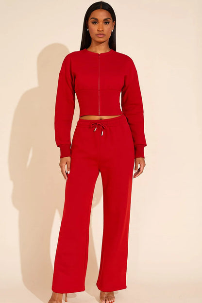 Black Cropped Zip Up Sweatshirt & Wide Leg Trousers Co-Ord