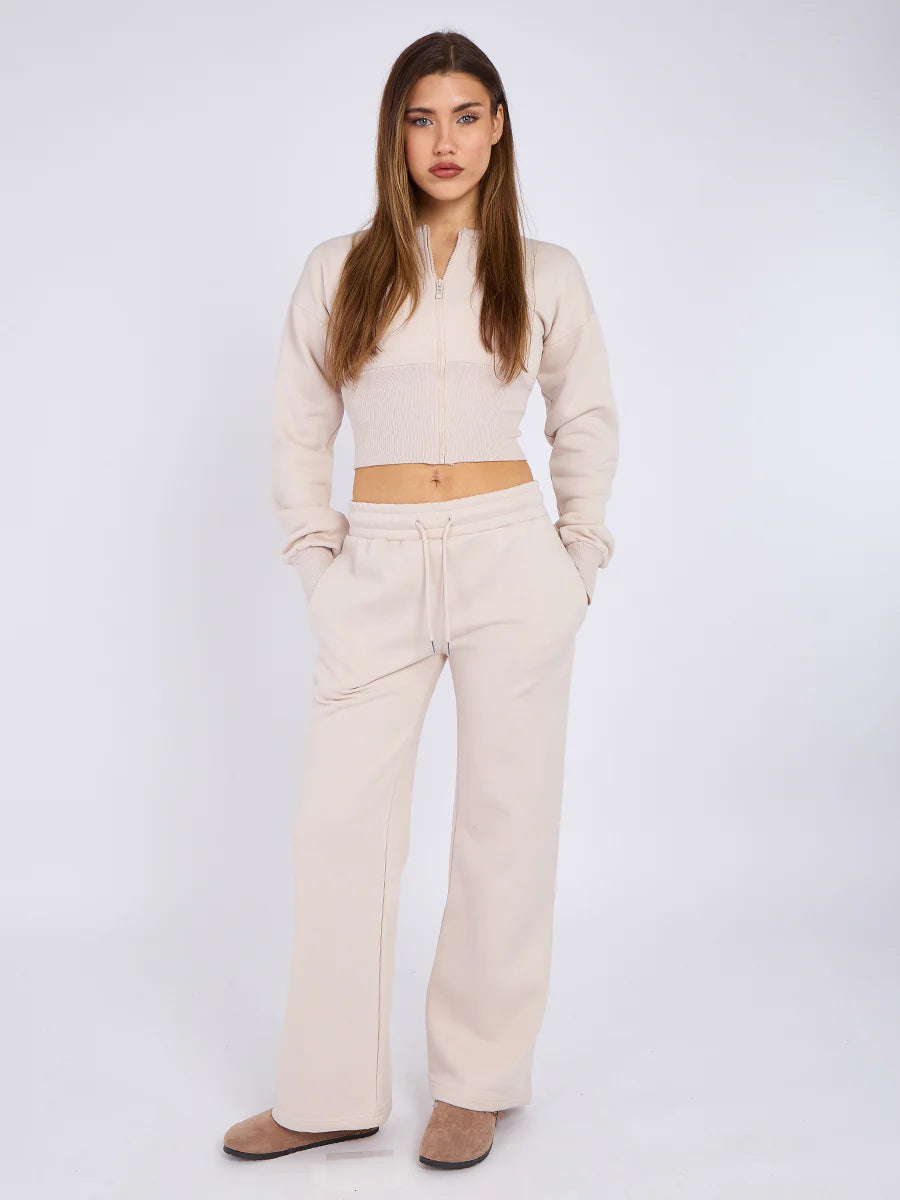 Black Cropped Zip Up Sweatshirt & Wide Leg Trousers Co-Ord