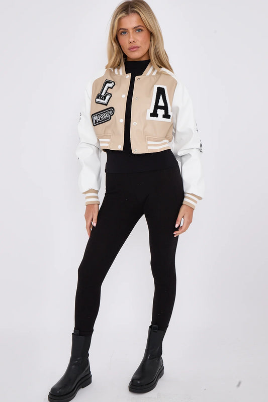 Stone Faux Leather Cropped Varsity Jacket