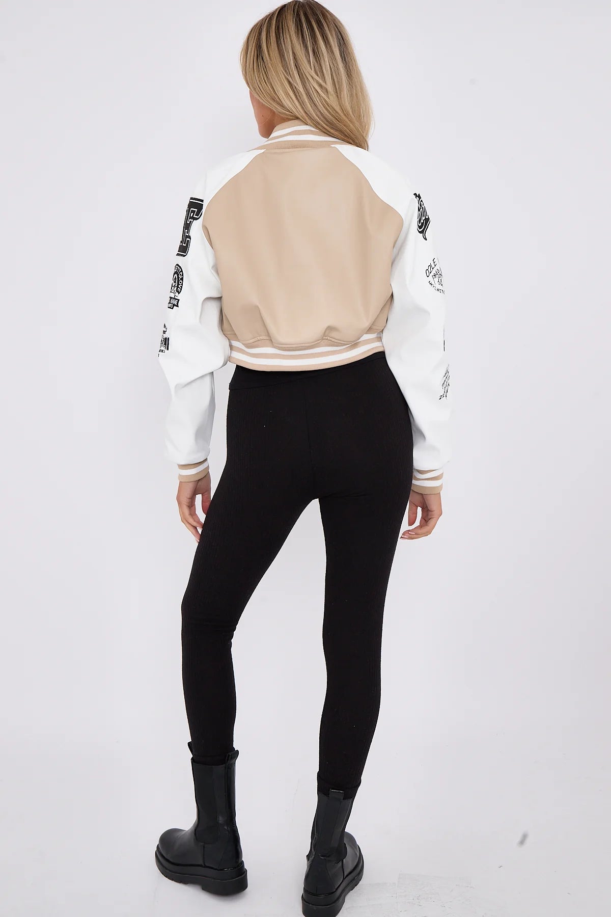 Stone Faux Leather Cropped Varsity Jacket