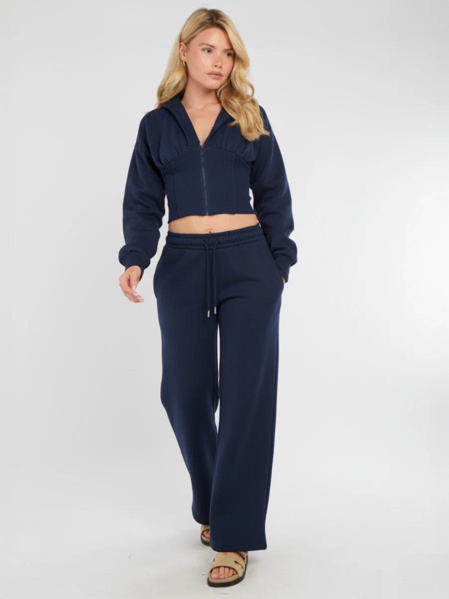 Stone Cropped Zip Up Hoodie & Wide Leg Trouser Co-Ord