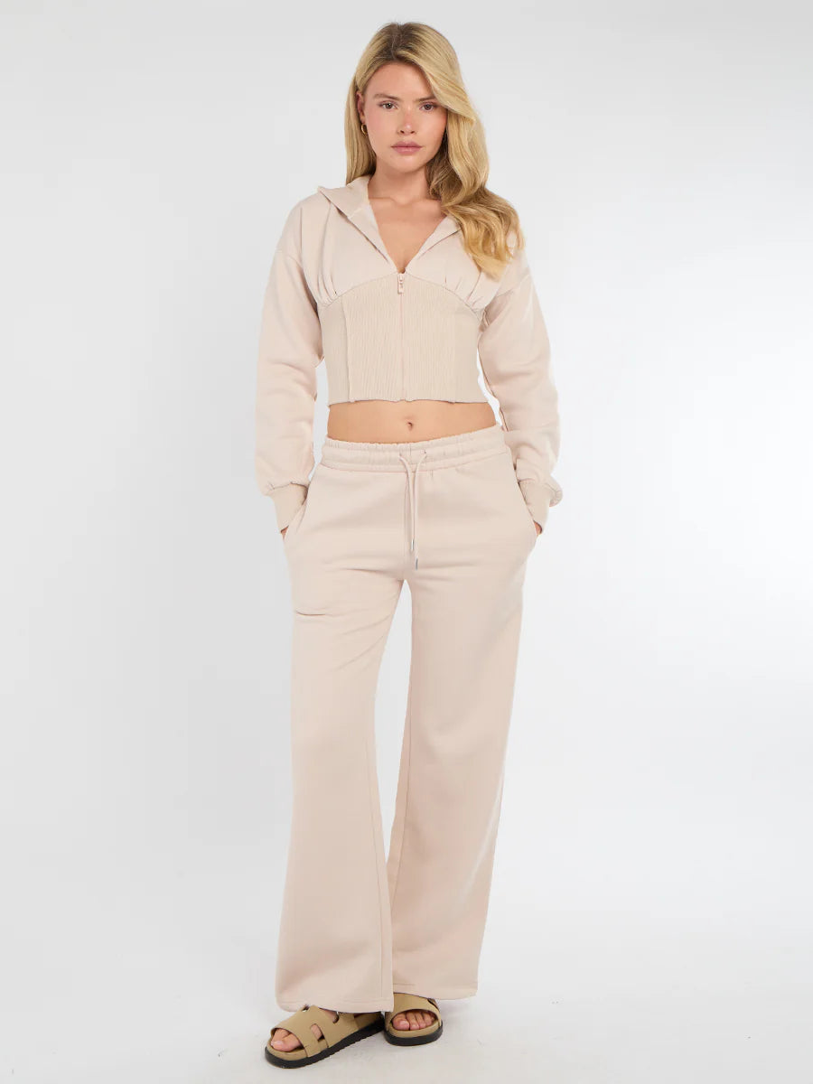 Stone Cropped Zip Up Hoodie & Wide Leg Trouser Co-Ord