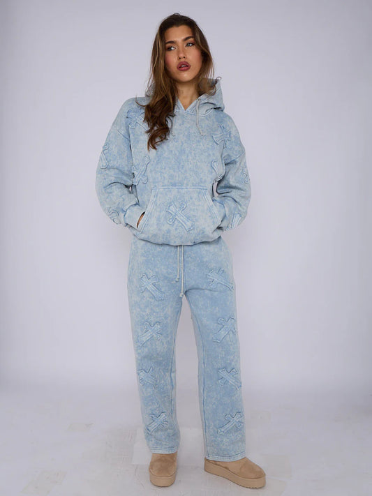 Acid Wash Baby Blue Crucifix Embroidered Fleece Sweatshirt & Joggers Co-ord