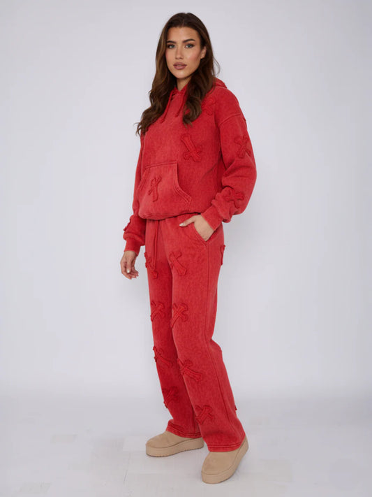 Acid Wash Red Crucifix Embroidered Fleece Sweatshirt & Joggers Co-ord