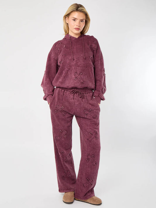 Acid Wash Wine Crucifix Embroidered Fleece Sweatshirt & Joggers Co-ord