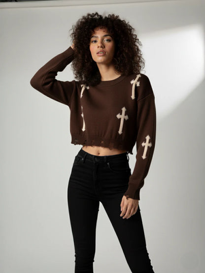 Beige Crucifix Knitted Cropped Jumper
