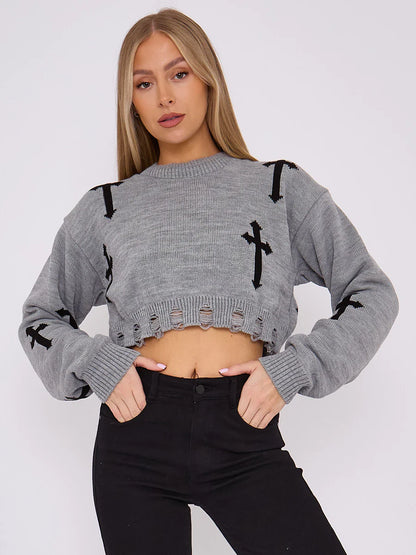 Beige Crucifix Knitted Cropped Jumper