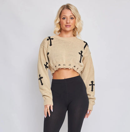 Beige Crucifix Knitted Cropped Jumper