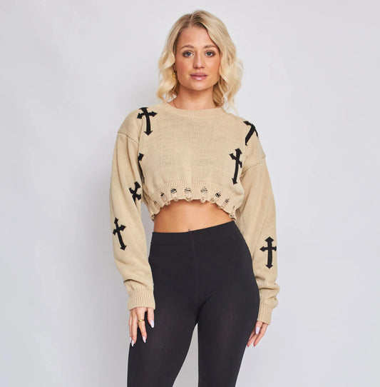 Beige Crucifix Knitted Cropped Jumper