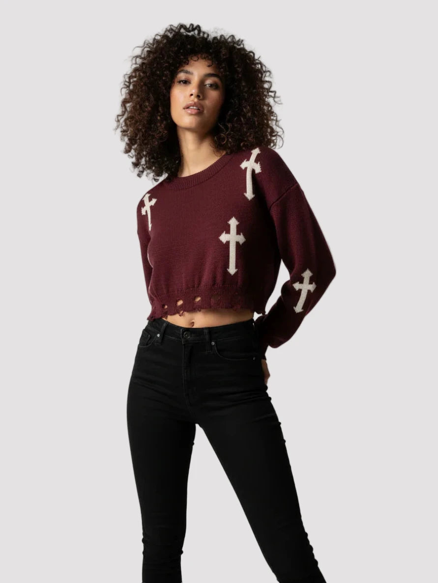 Beige Crucifix Knitted Cropped Jumper