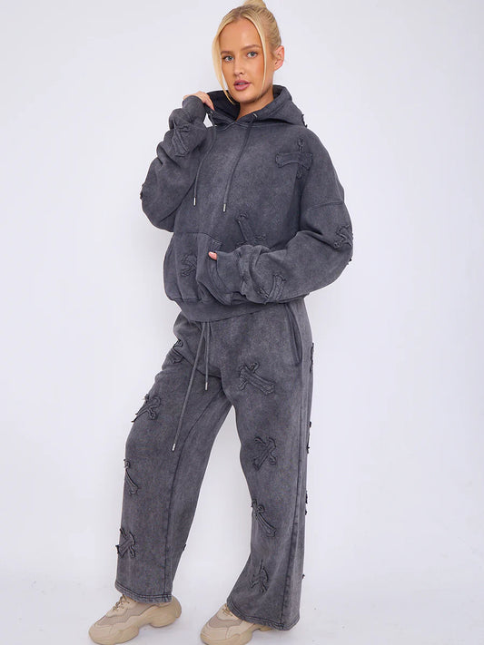 Acid Wash Slate Crucifix Embroidered Fleece Sweatshirt & Joggers Co-ord