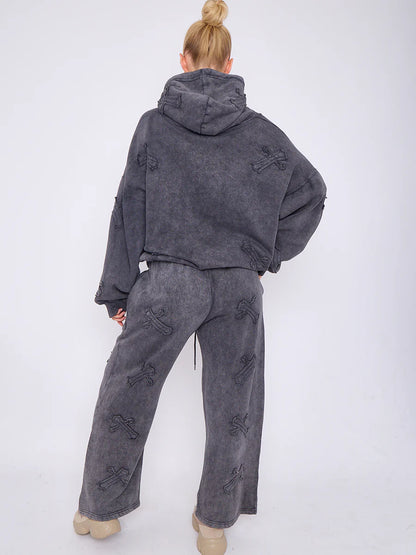 Acid Wash Slate Crucifix Embroidered Fleece Sweatshirt & Joggers Co-ord