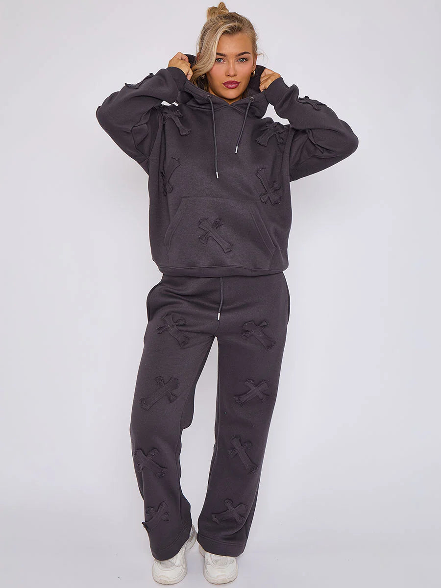 Slate Crucifix Embroidered Fleece Sweatshirt & Joggers Co-ord