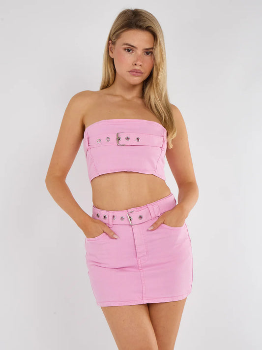 Pink Belted Denim Bandeau Top & Skirt Co-ord