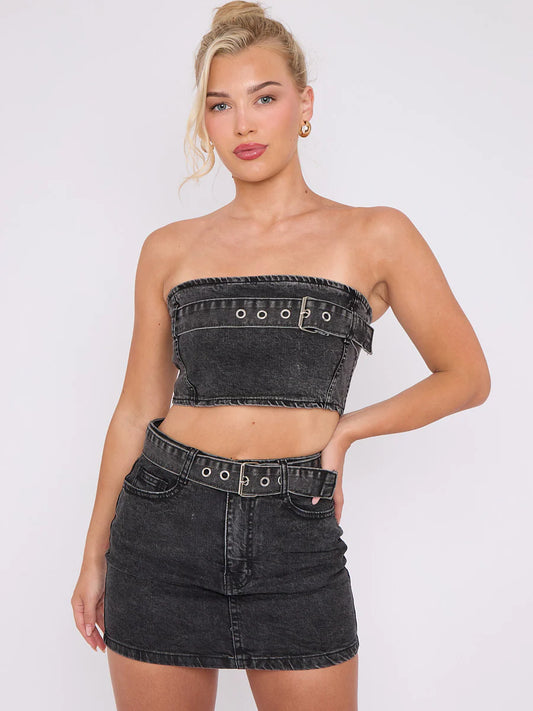 Black Belted Denim Bandeau Top & Skirt Co-ord
